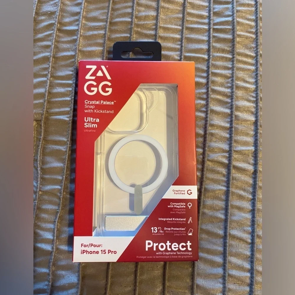 NEW-ZAGG Crystal Palace Snap iPhone 15 Pro Clear Phone Case w/Built-in Kickstand